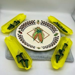 Ceramic Corn Dinner/Display Plate with Corn Cob Trays & Corn Cob Picks (Lot)